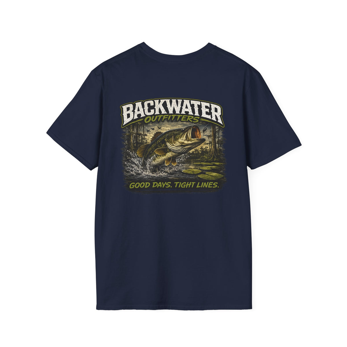 Backwater Outfitters Retro Bass Fishing Logo T-Shirt Printify