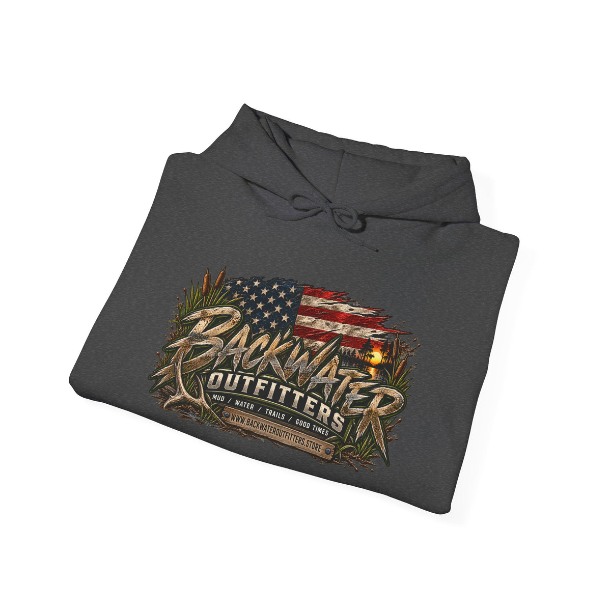Backwater Outfitters Hoodie — American Flag Outdoor Fishing & Off-Road Pullover Printify