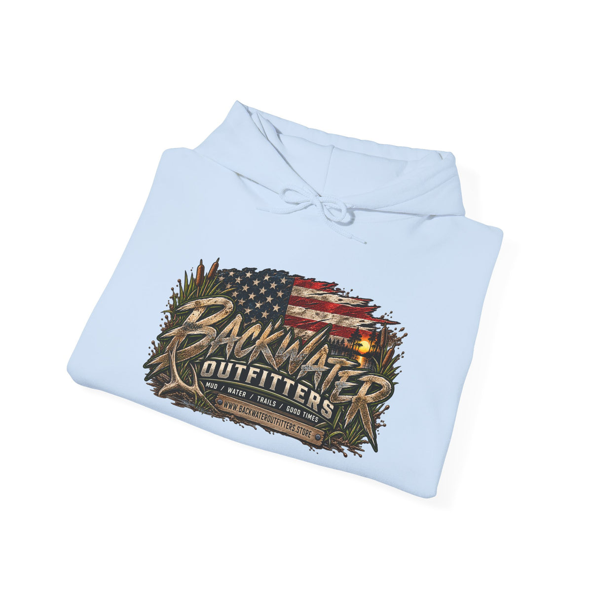 Backwater Outfitters Hoodie — American Flag Outdoor Fishing & Off-Road Pullover Printify