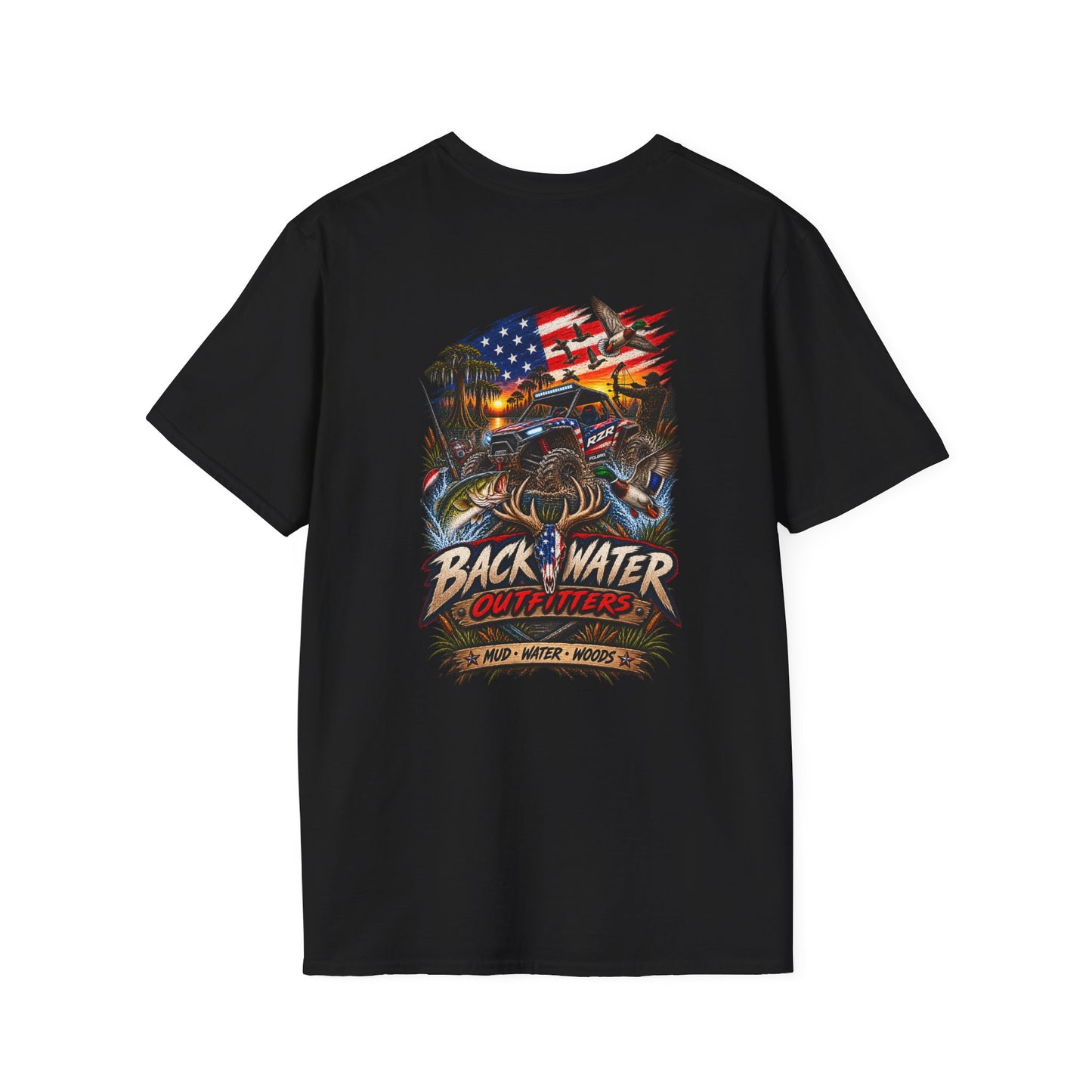 Backwater Bass Fishing T-Shirt — American Flag Boat Graphic Tee