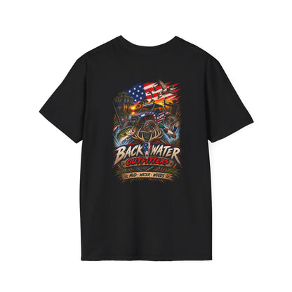 Backwater Bass Fishing T-Shirt — American Flag Boat Graphic Tee