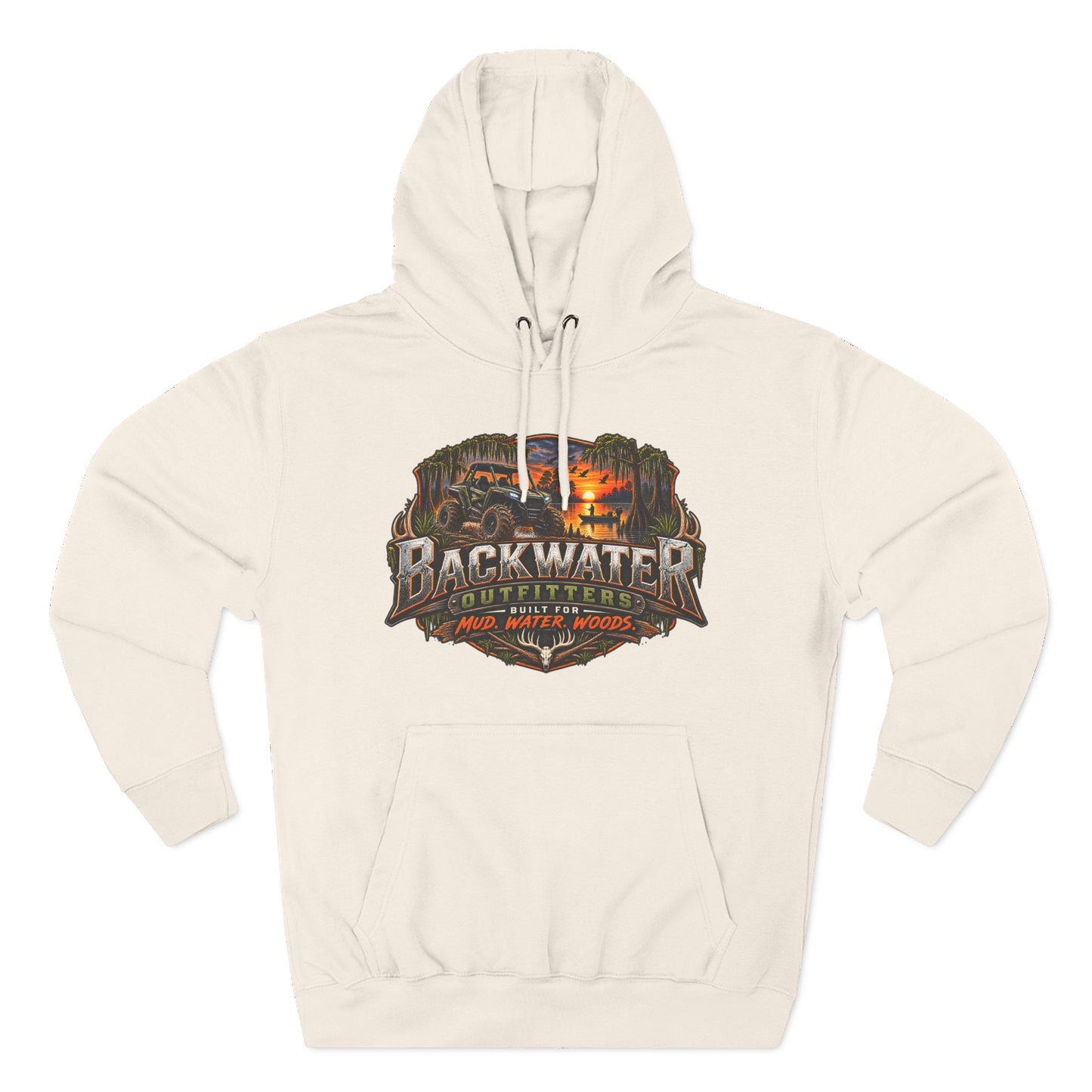 Backwater Outfitters Hoodie — "Hunt Fish Ride Repeat" Outdoor Graphic Pullover