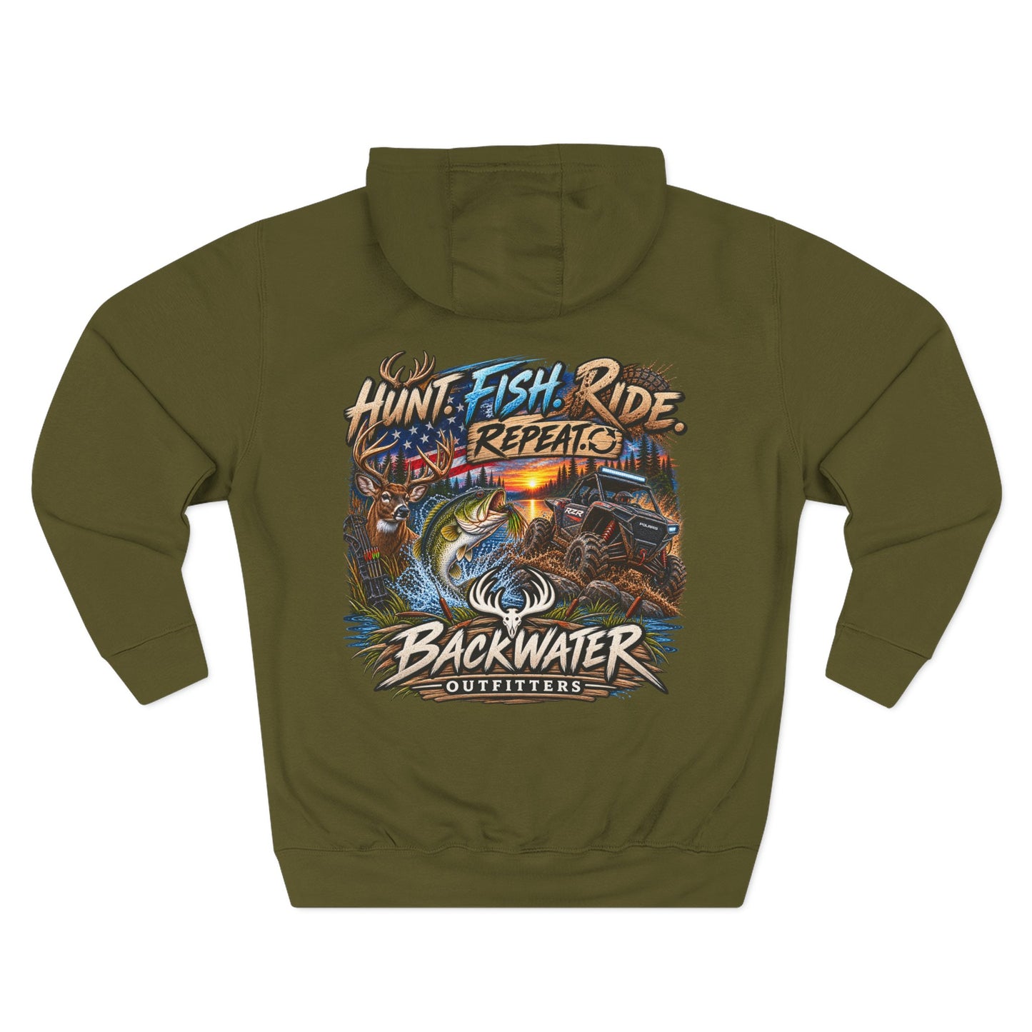Backwater Outfitters Hoodie — "Hunt Fish Ride Repeat" Outdoor Graphic Pullover