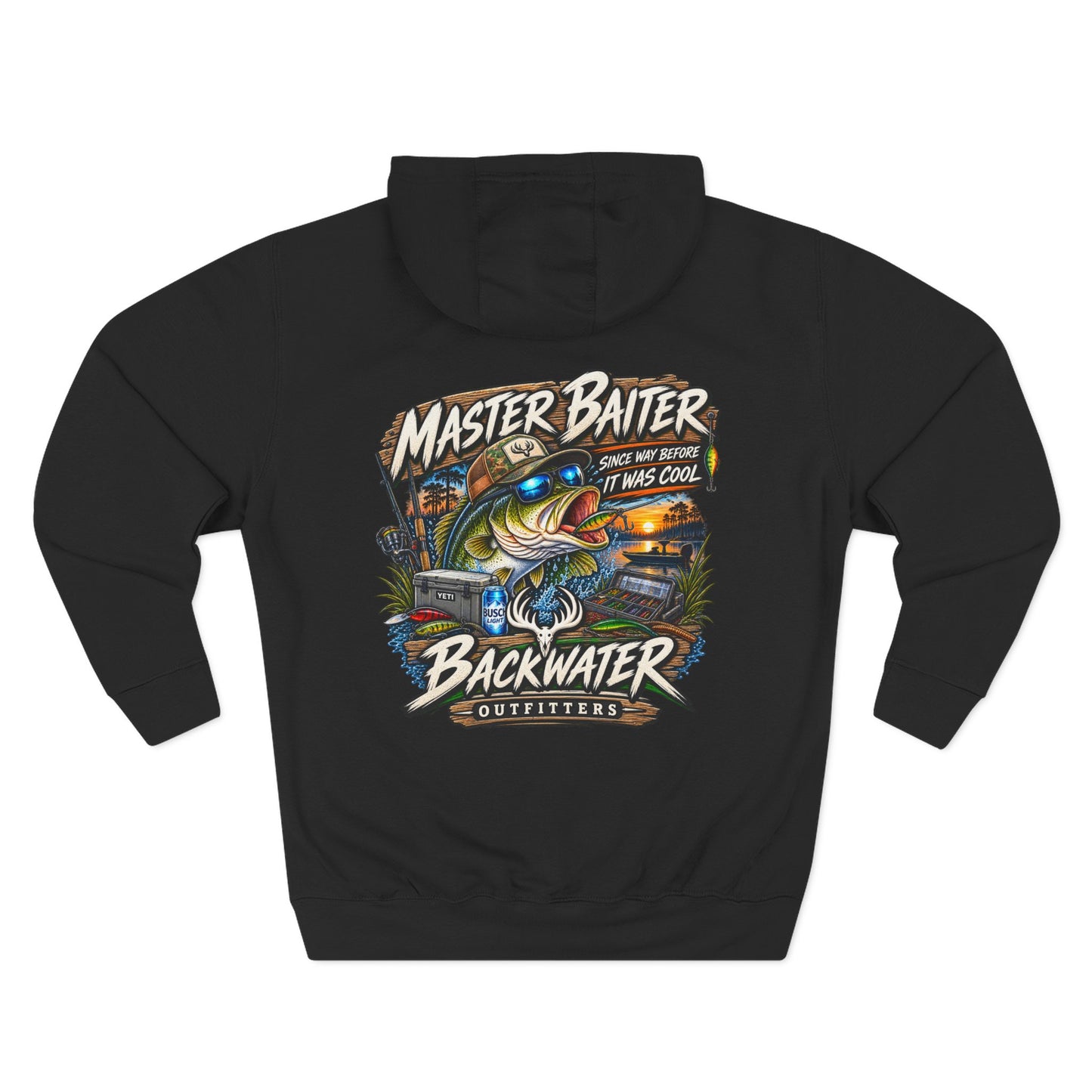 Backwater Outfitters Fishing Hoodie — "Master Baiter" Graphic Pullover