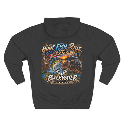Backwater Outfitters Hoodie — "Hunt Fish Ride Repeat" Outdoor Graphic Pullover