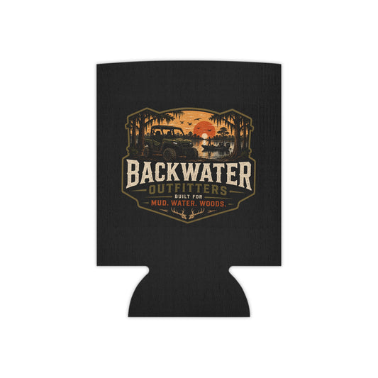 Backwater Outfitters Can Cooler – Retro Sunset Outdoors Koozie ("Built for Mud, Water, Woods")