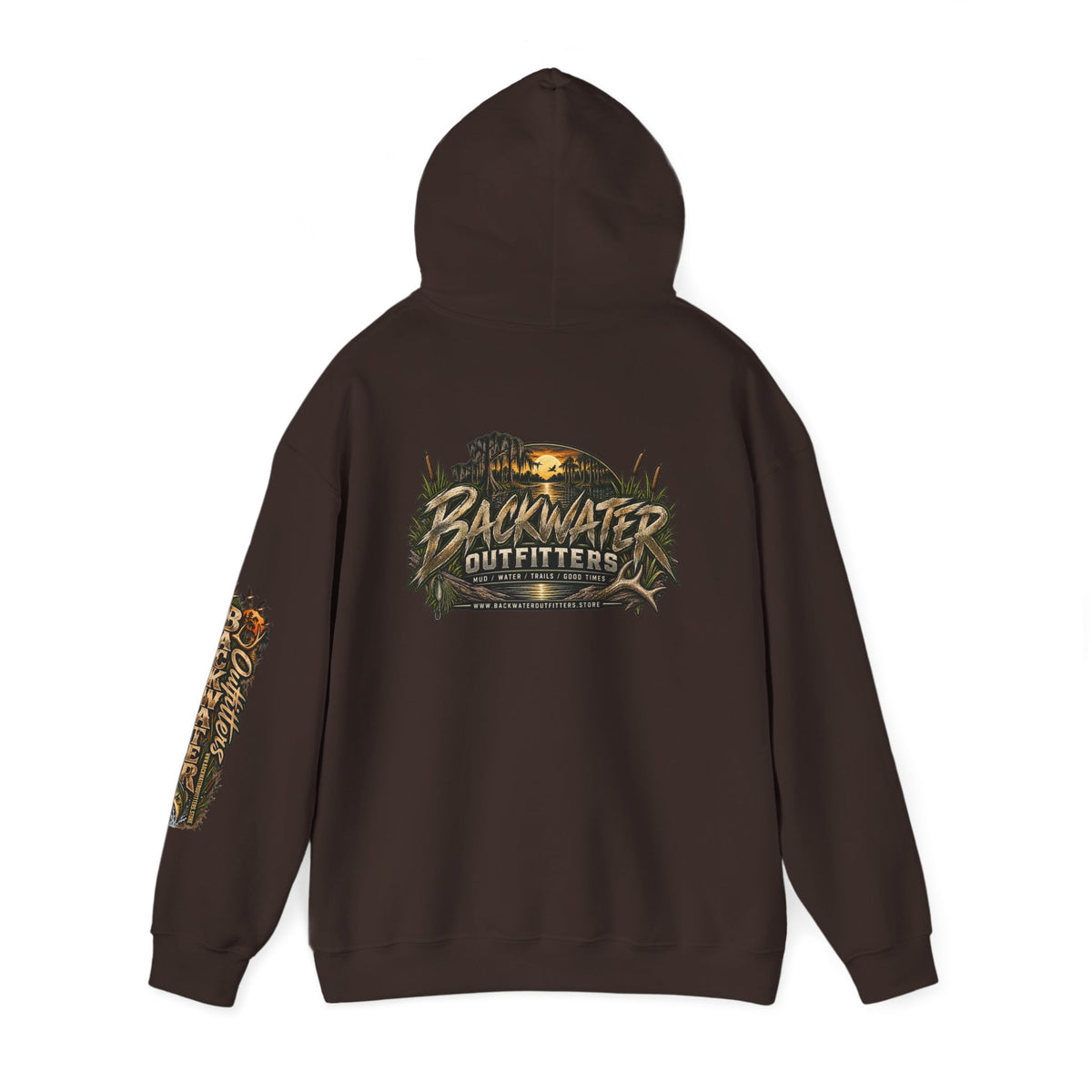 Simply Backwater Outfitters Hoodie — Outdoor Fishing Sunset Graphic Pullover Printify