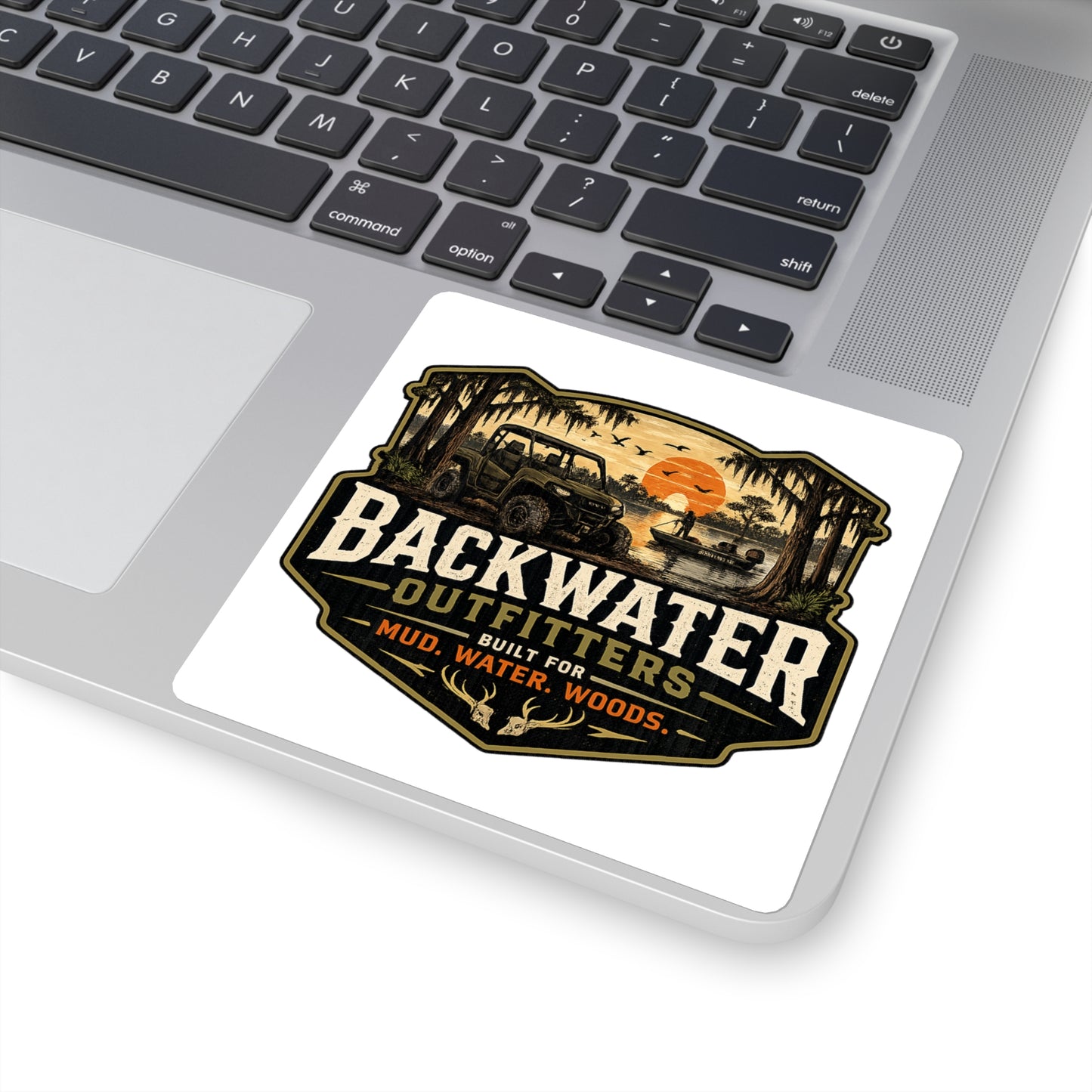 Backwater Outfitters Square Sticker — Mud, Water, Woods Outdoor Adventure Decal