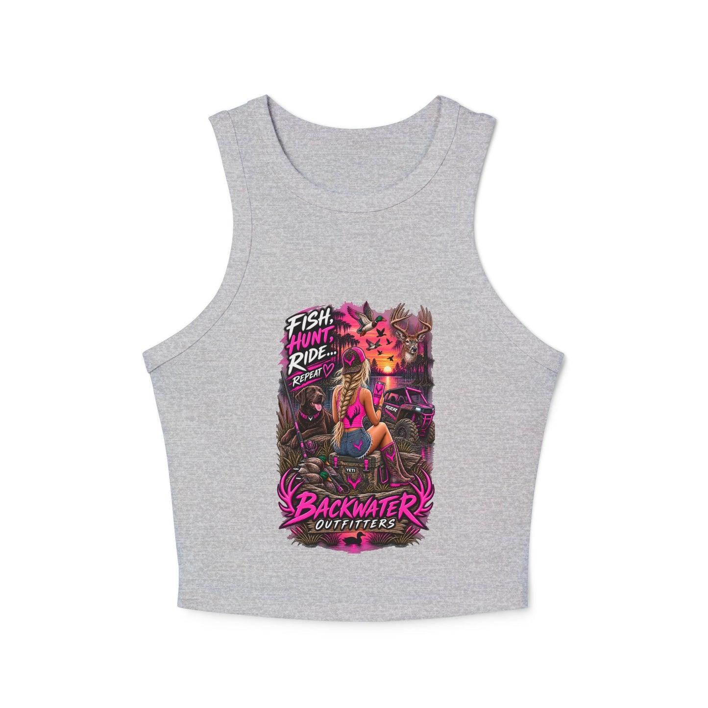 Backwater Outfitters Fish Hunt Ride Tank — Women's Graphic Racer Crop Top