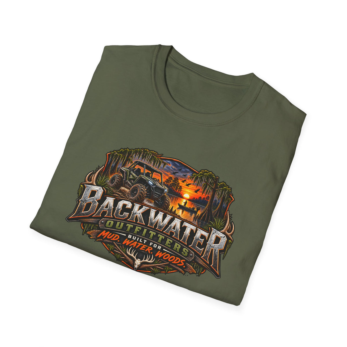 Backwater Outfitters Fishing T‑Shirt — "Raised on Backwater" Bass & Sunset Graphic Printify