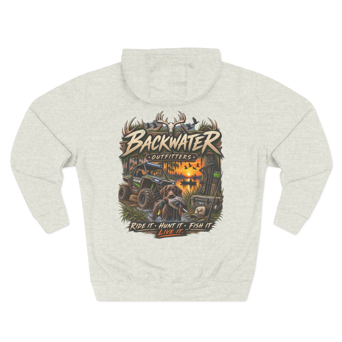 Backwater Outfitters Hoodie — 'Ride It • Hunt It • Fish It' Outdoor Pullover
