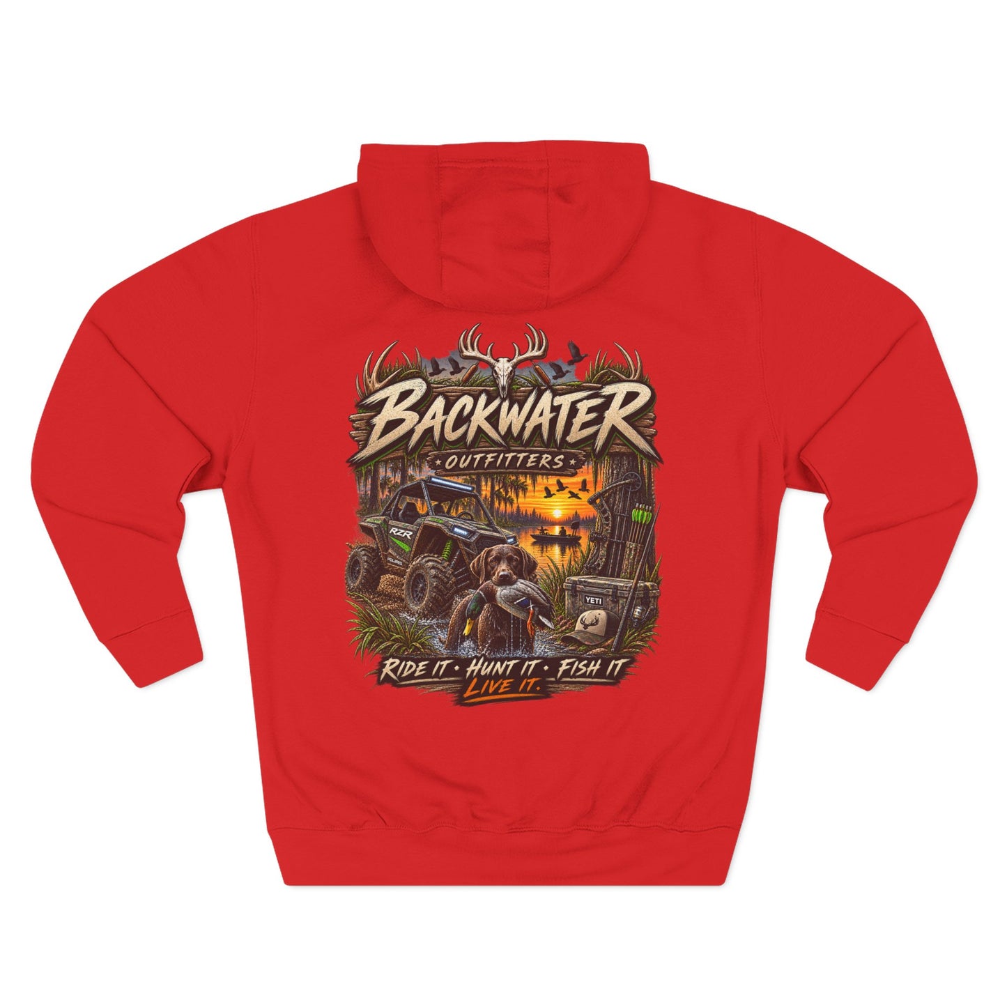 Backwater Outfitters Hoodie — Ride It, Hunt It, Fish It Graphic Pullover