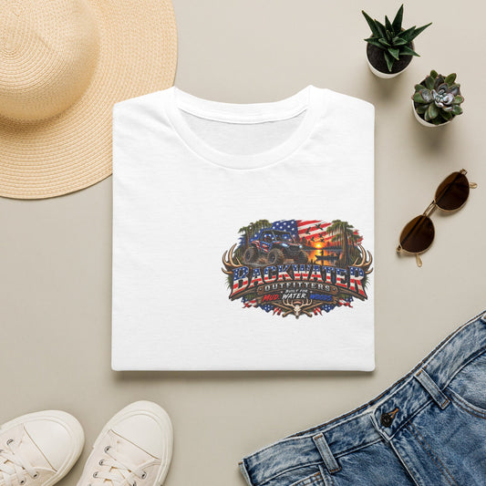 Backwater Outfitters Fishing T-Shirt — American Flag Bass Graphic