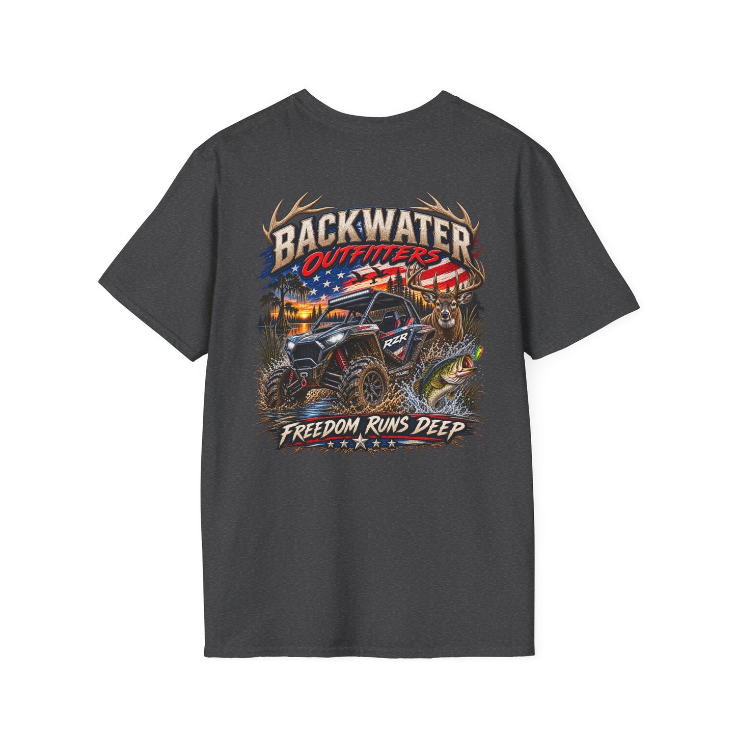 Backwater Outfitters Fishing T-Shirt — Rustic Boat & Campfire Graphic