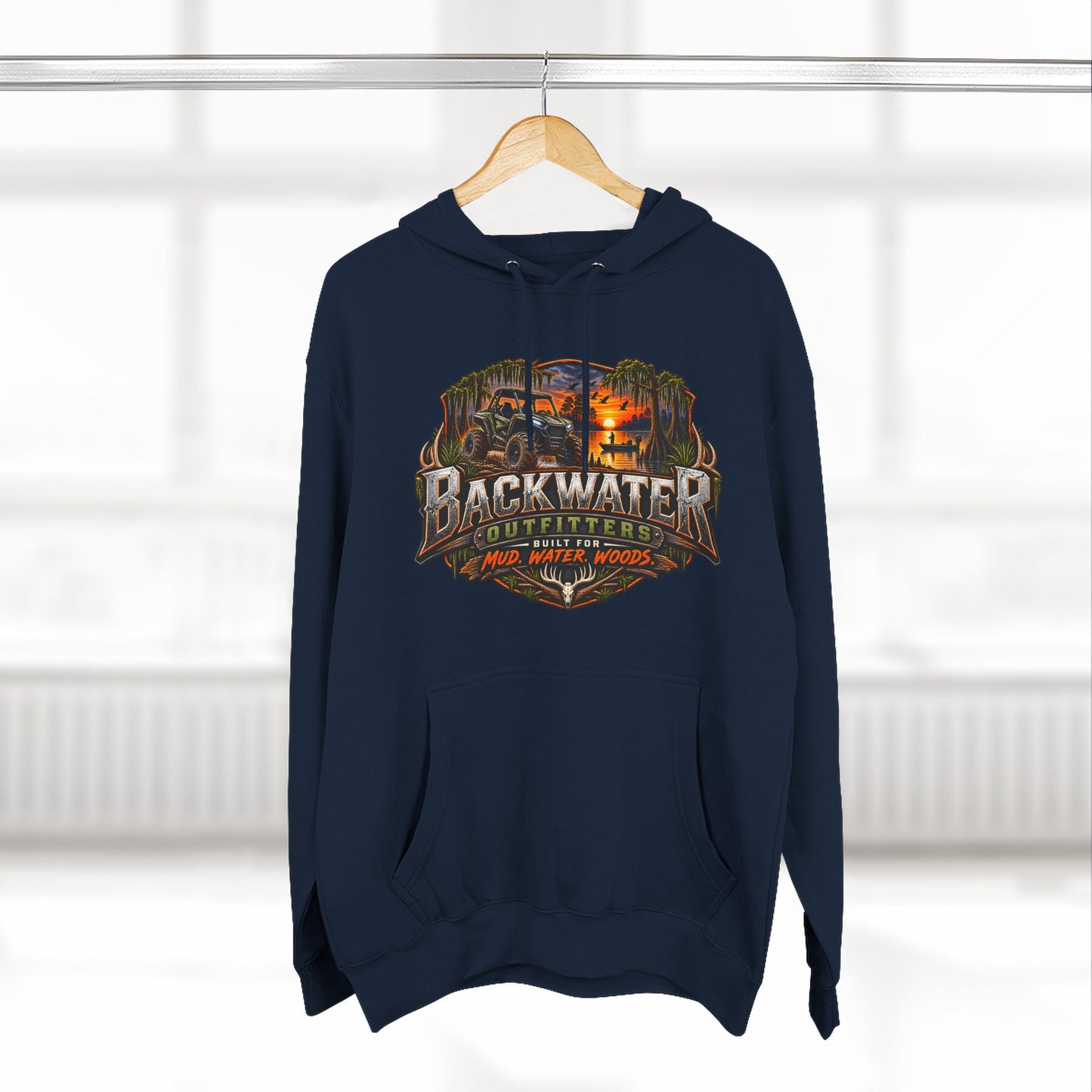 Backwater Outfitters Hoodie — Ride It, Hunt It, Fish It Graphic Pullover