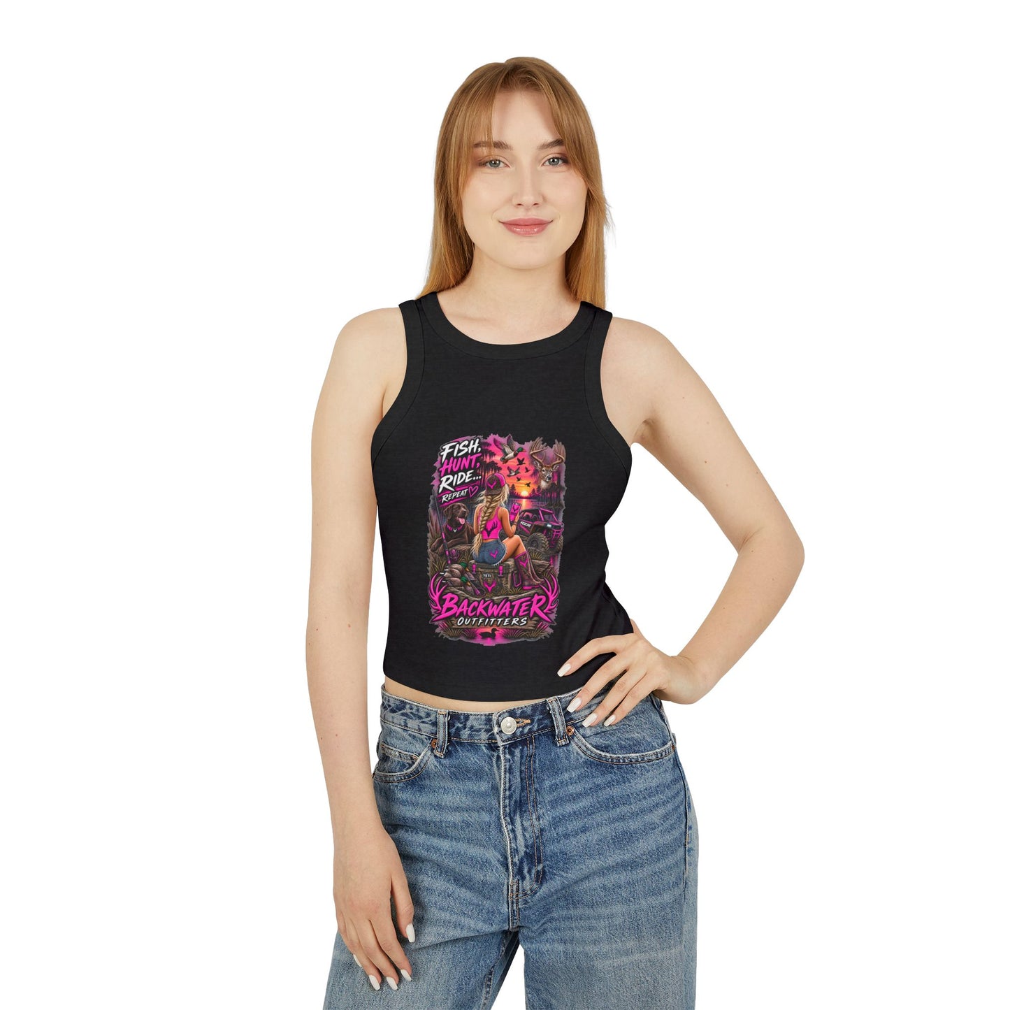 Backwater Outfitters Fish Hunt Ride Tank — Women's Graphic Racer Crop Top