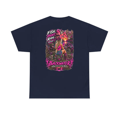 Backwater Outfitters Graphic Tee — "Fish Hunt Ride Repeat" Beach & Fishing Shirt