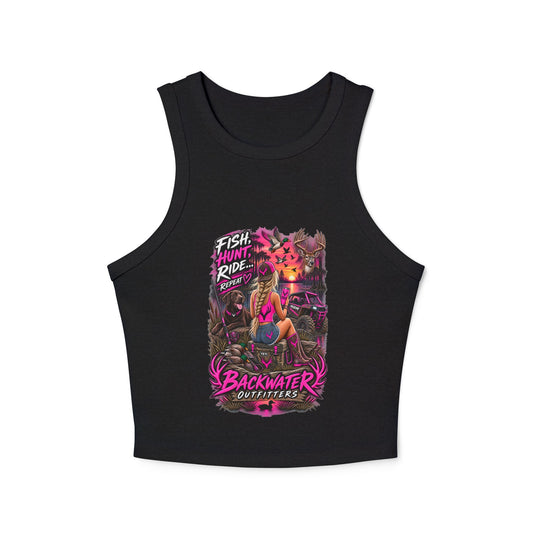 Backwater Outfitters Fish Hunt Ride Tank — Women's Graphic Racer Crop Top