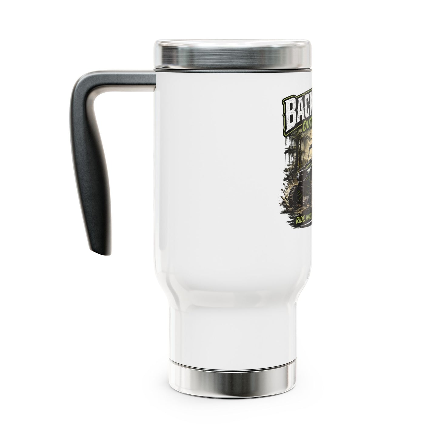Backwater Outfitters 14oz Stainless Travel Mug — "Ride Hard, Live Outdoors" Handle Mug