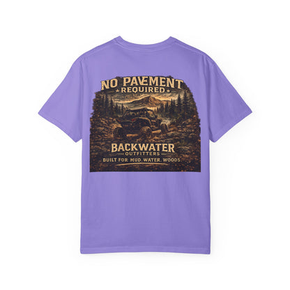 Backwater Outfitters T-Shirt — “No Pavement Required” Off-Road Adventure Tee