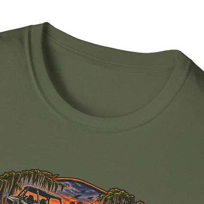 Backwater Outfitters Fishing T‑Shirt — "Raised on Backwater" Bass & Sunset Graphic Printify