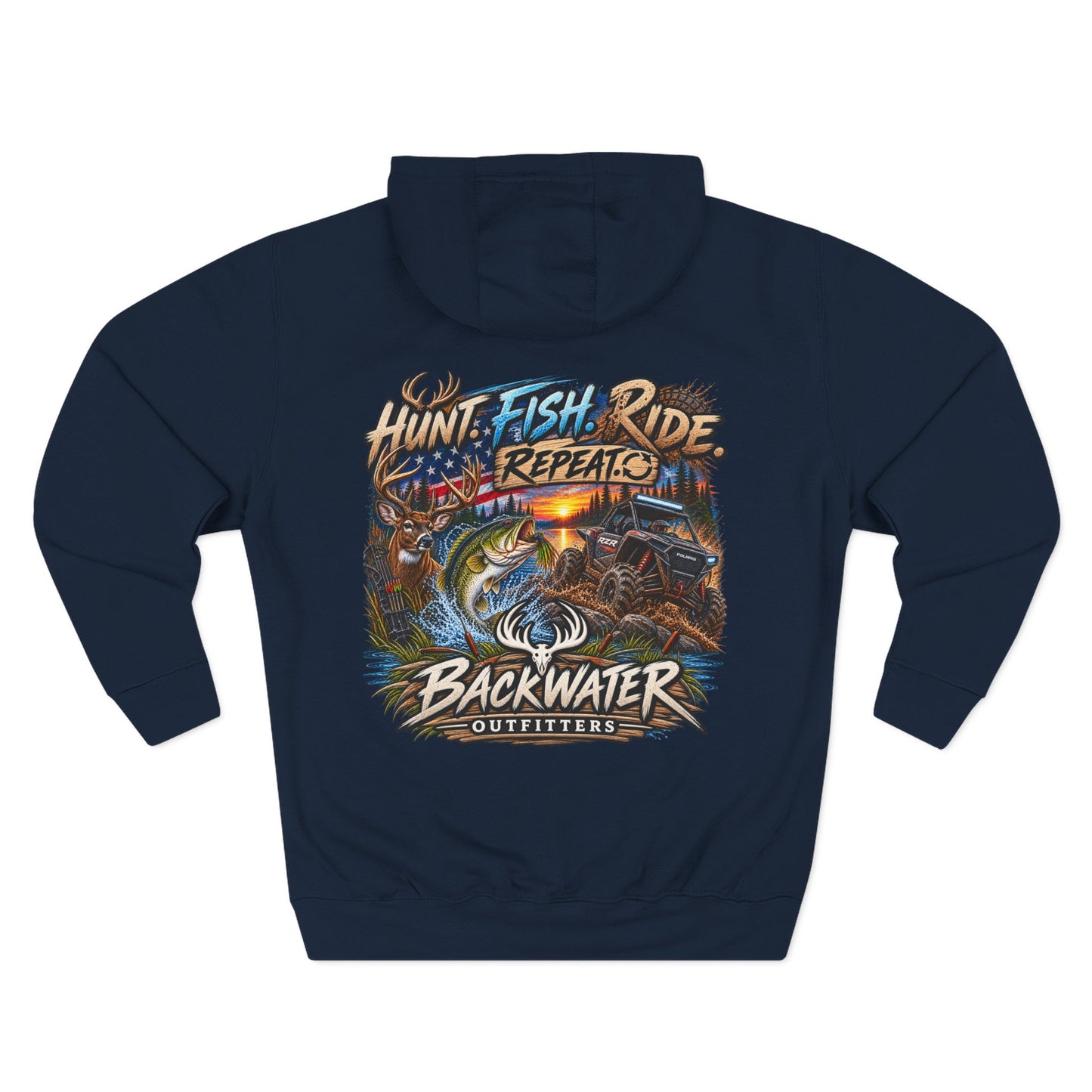 Backwater Outfitters Hoodie — "Hunt Fish Ride Repeat" Outdoor Graphic Pullover