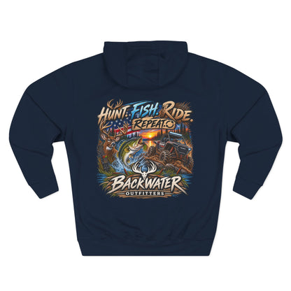 Backwater Outfitters Hoodie — "Hunt Fish Ride Repeat" Outdoor Graphic Pullover