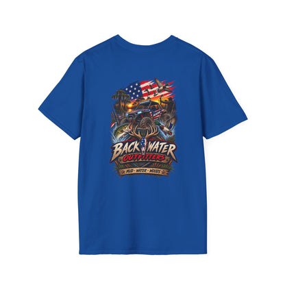 Backwater Bass Fishing T-Shirt — American Flag Boat Graphic Tee