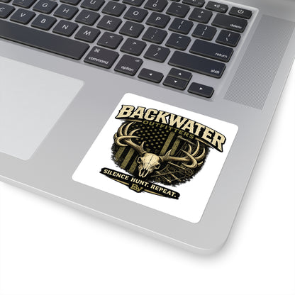 Backwater Outfitters Hunting Skull Square Sticker – “Silence. Hunt. Repeat.”