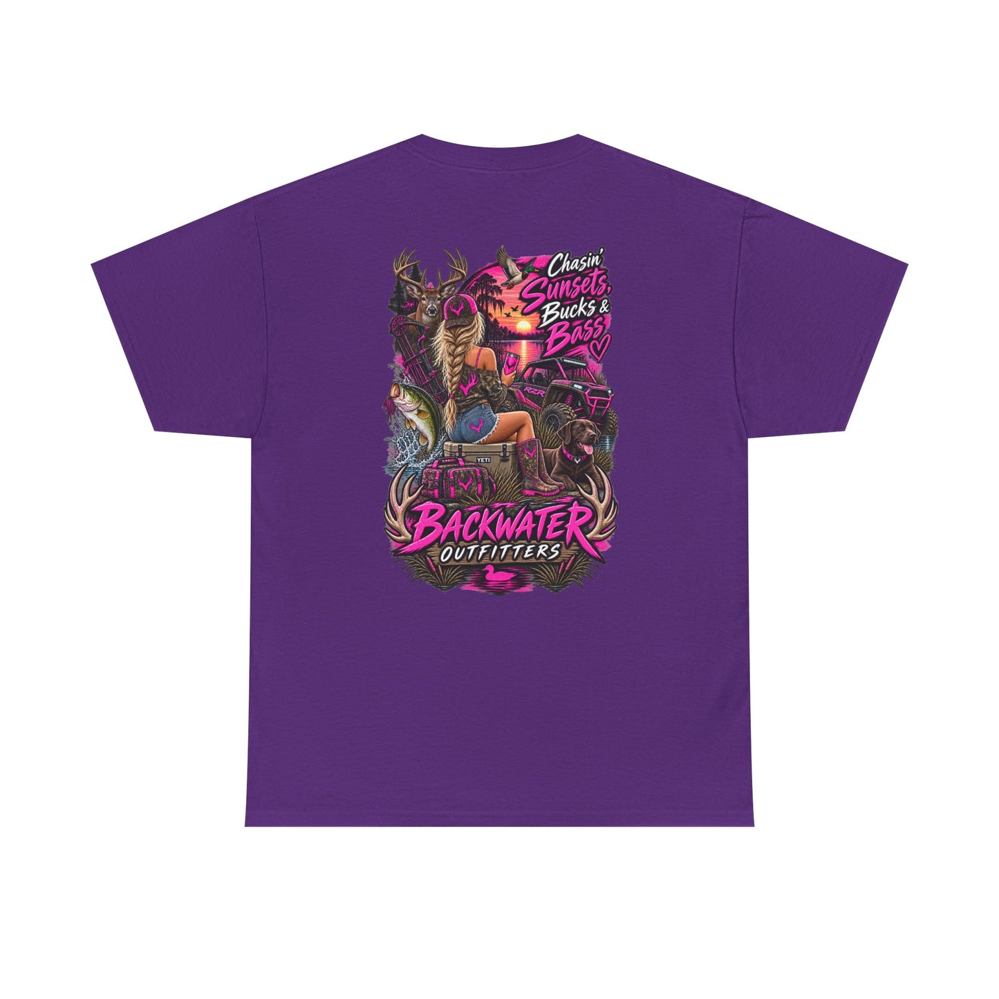 Backwater Outfitters Bass Fishing T‑Shirt — Sunset, Bucks & Bass Graphic Tee