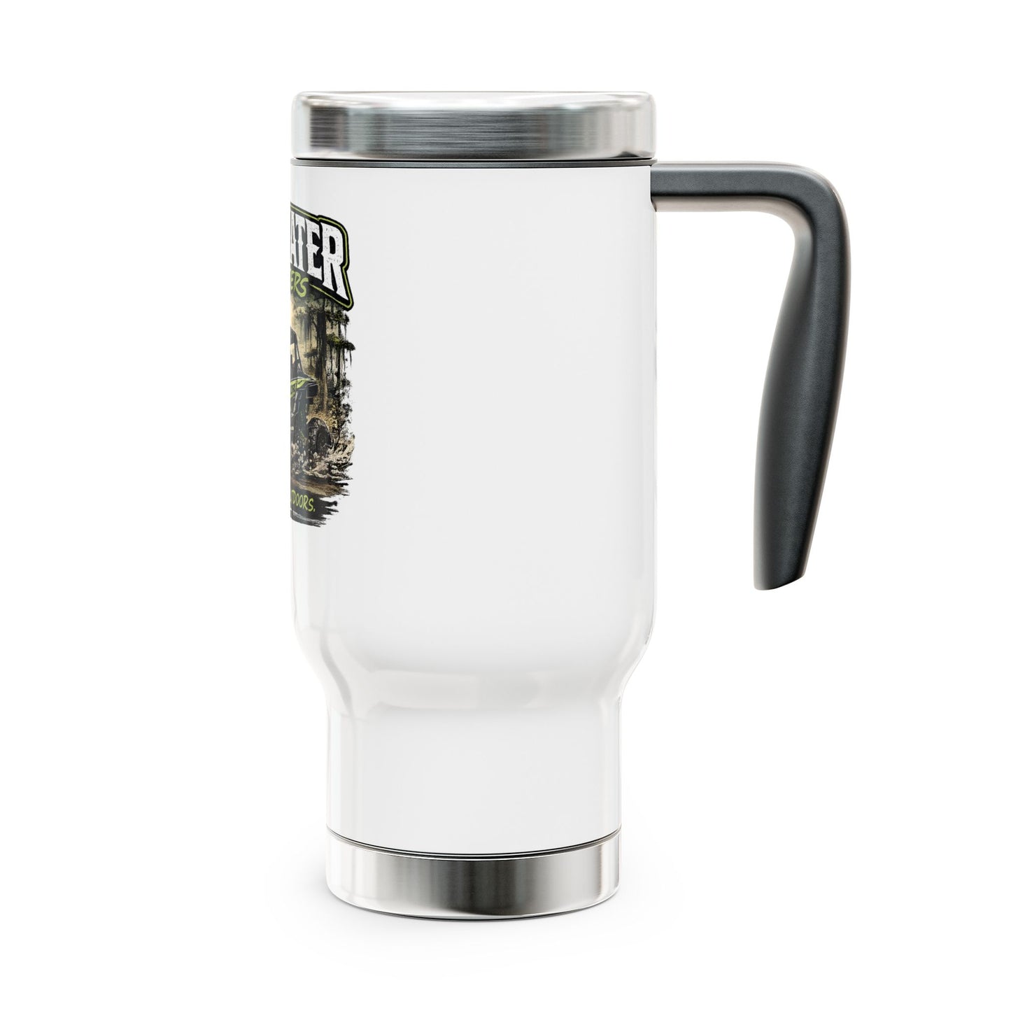 Backwater Outfitters 14oz Stainless Travel Mug — "Ride Hard, Live Outdoors" Handle Mug