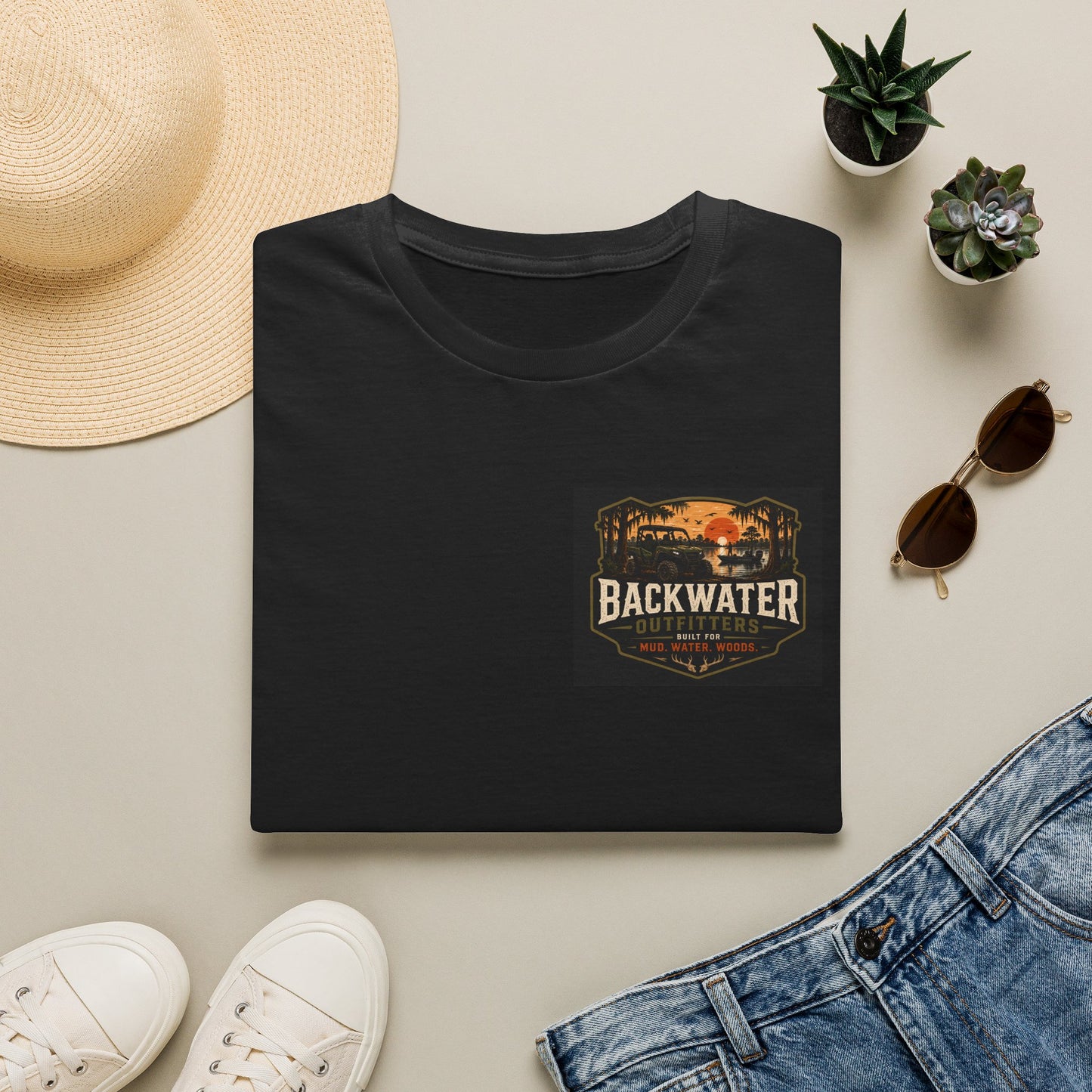Backwater Outfitters T-Shirt — Vintage Sunset Fishing & Outdoors Tee