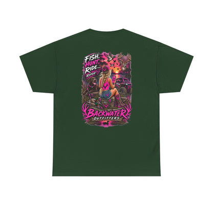Backwater Outfitters Graphic Tee — "Fish Hunt Ride Repeat" Beach & Fishing Shirt