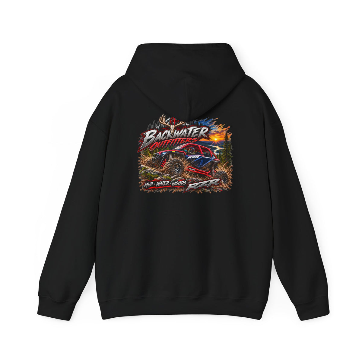 Backwater Outfitters Hoodie — American Flag Outdoor Fishing & Off-Road Pullover Printify