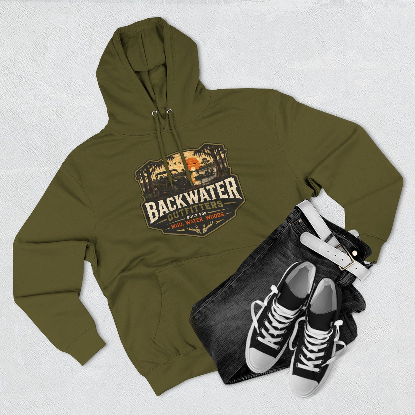 Backwater Outfitters Fishing Hoodie — “My Retirement Plan Has a Trolling Motor” Graphic