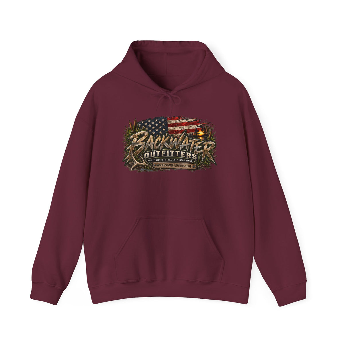 Backwater Outfitters Hoodie — American Flag Outdoor Fishing & Off-Road Pullover Printify