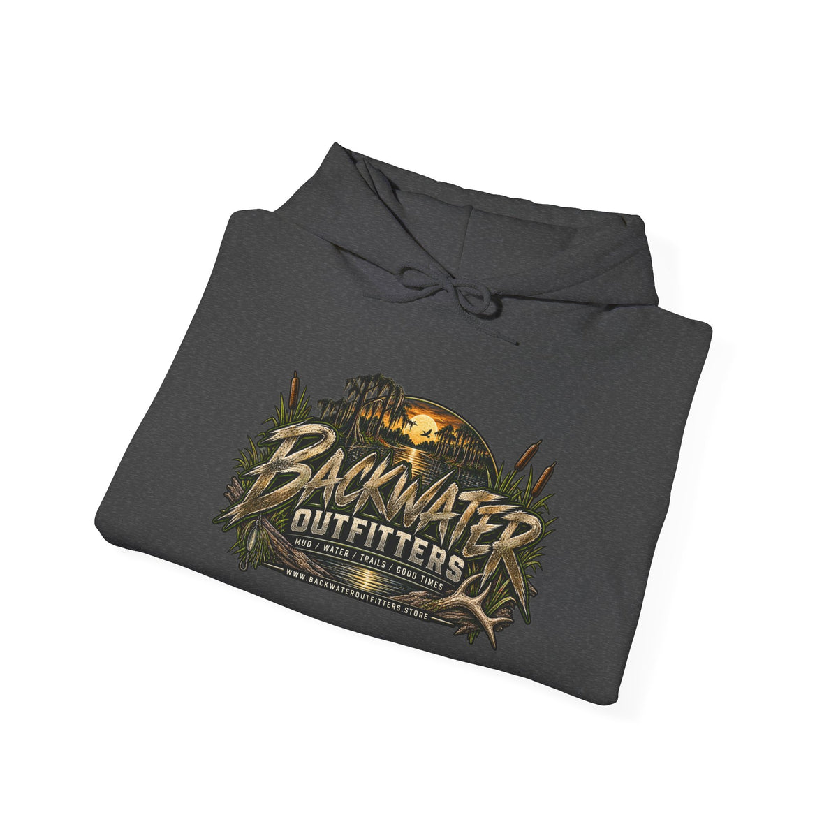 Simply Backwater Outfitters Hoodie — Outdoor Fishing Sunset Graphic Pullover Printify