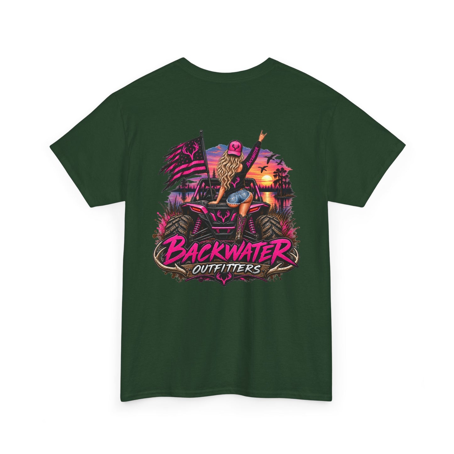 Backwater Outfitters Graphic Tee — Retro Sunset Fishing ATV Shirt