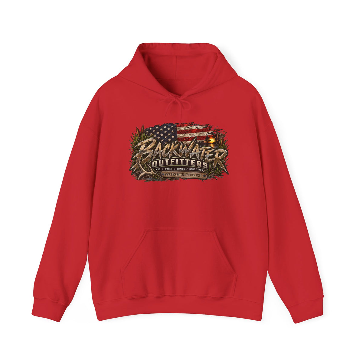 Backwater Outfitters Hoodie — American Flag Outdoor Fishing & Off-Road Pullover Printify