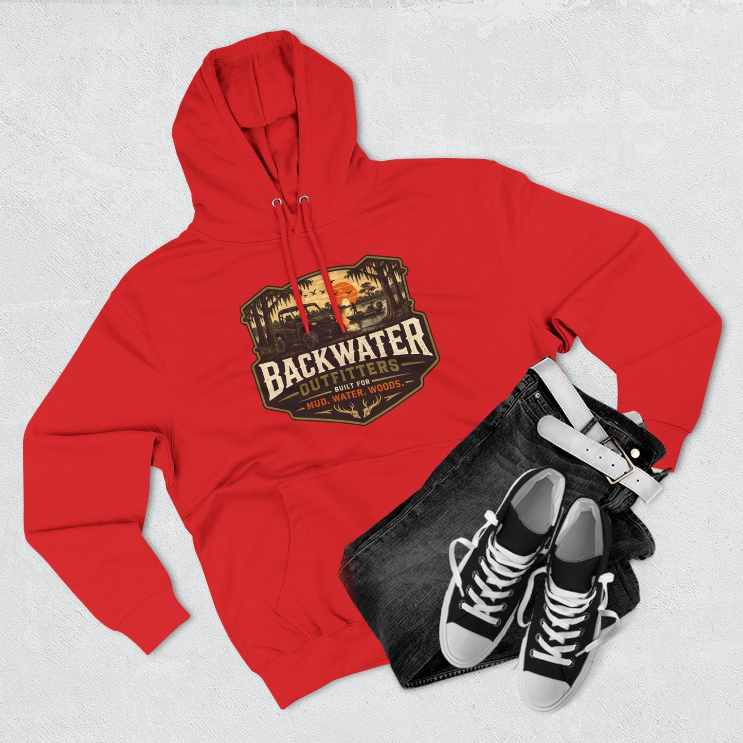Backwater Outfitters Fishing Hoodie — “My Retirement Plan Has a Trolling Motor” Graphic