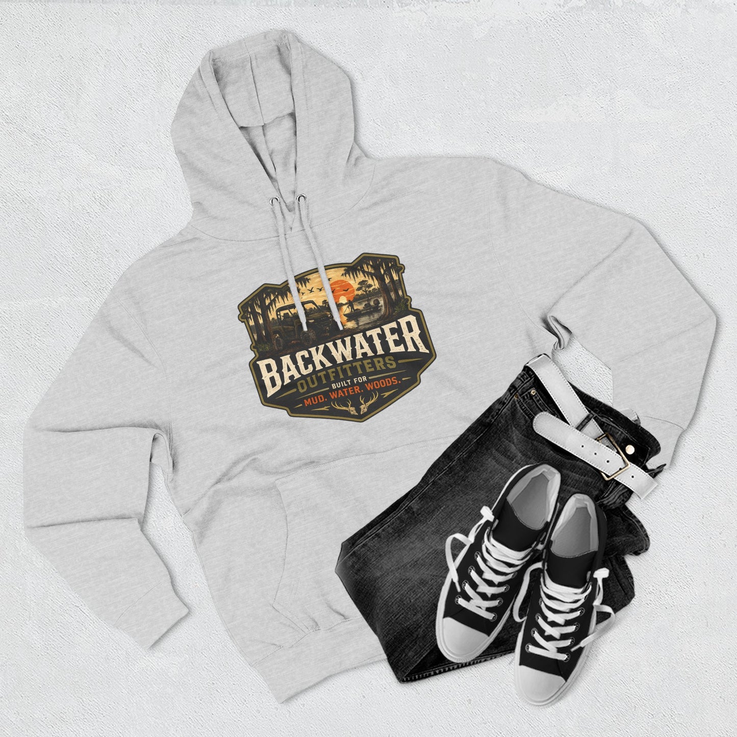 Backwater Outfitters Fishing Hoodie — “My Retirement Plan Has a Trolling Motor” Graphic