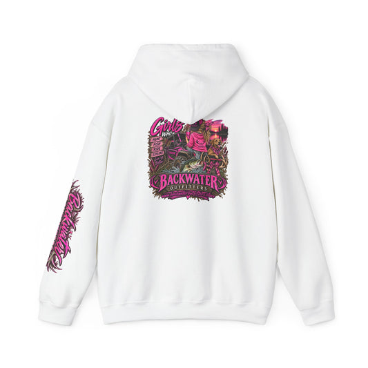 Girl Backwater Outfitters Neon Fishing Hoodie — Pink Retro Marsh Graphic Printify