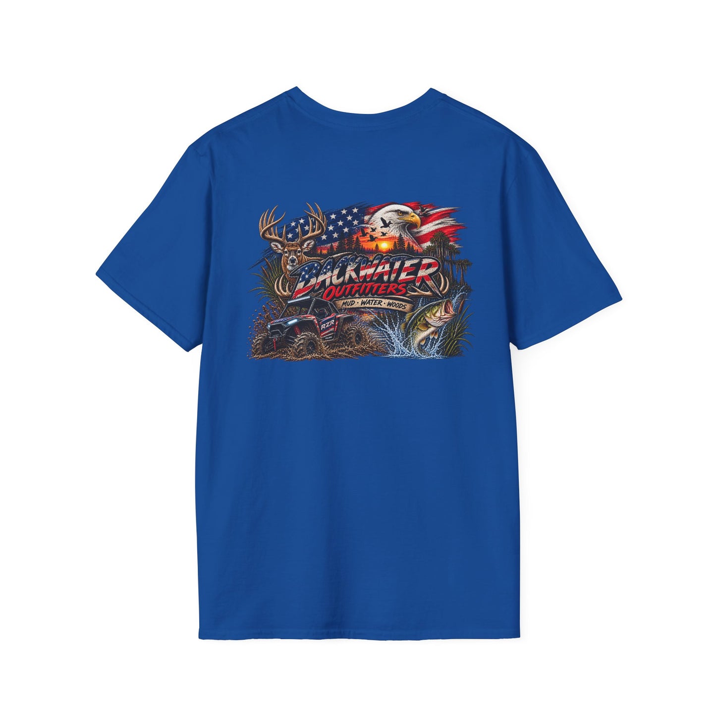 Backwater Outfitters Fishing T-Shirt — American Flag Bass Graphic