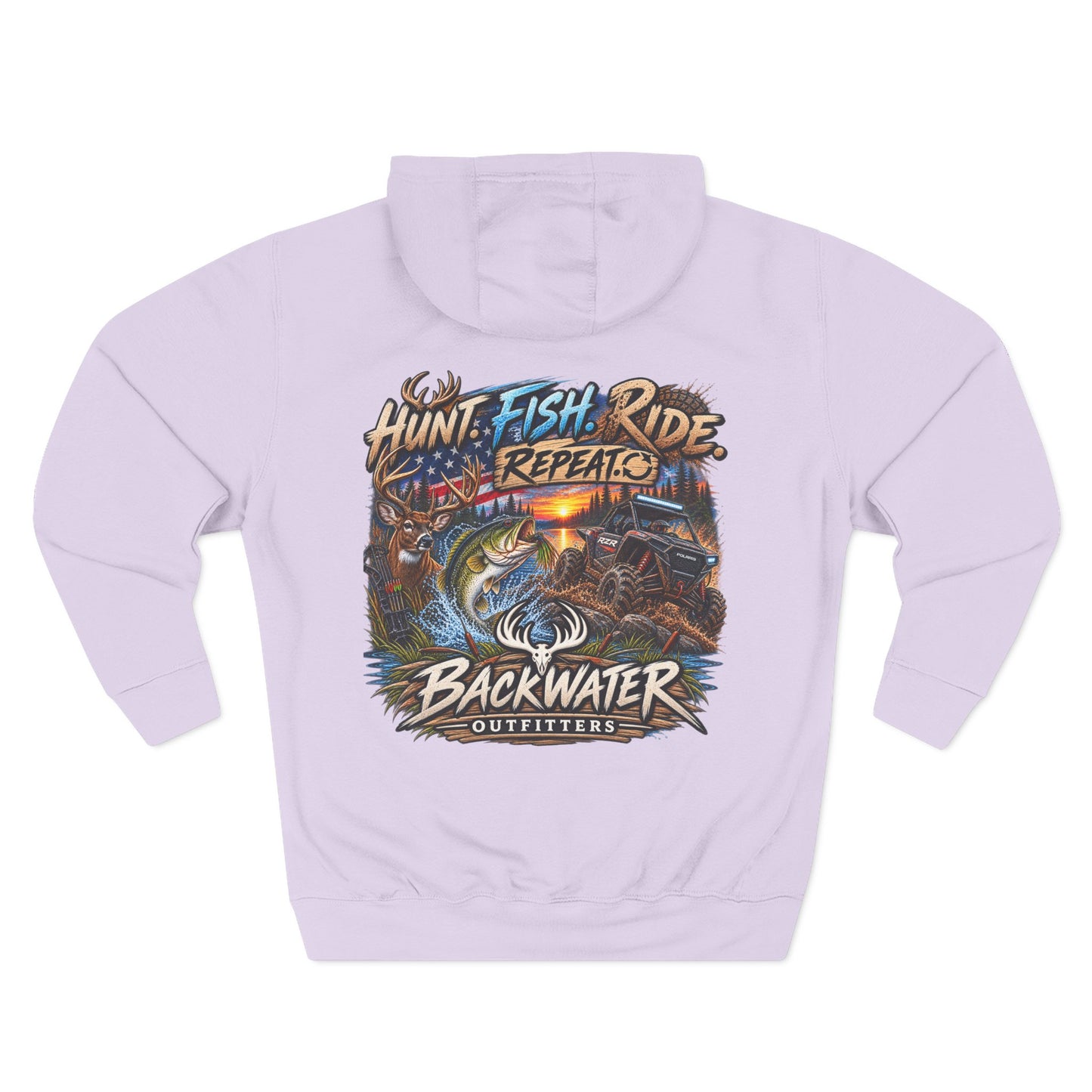 Backwater Outfitters Hoodie — "Hunt Fish Ride Repeat" Outdoor Graphic Pullover