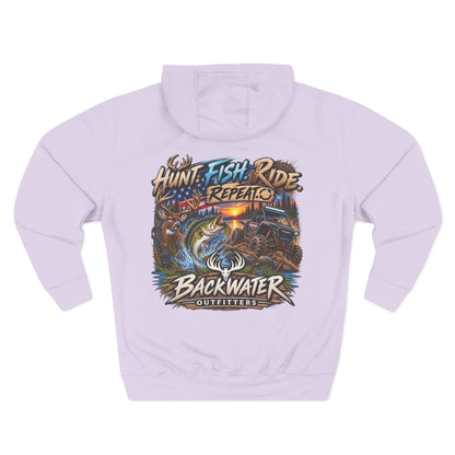 Backwater Outfitters Hoodie — "Hunt Fish Ride Repeat" Outdoor Graphic Pullover