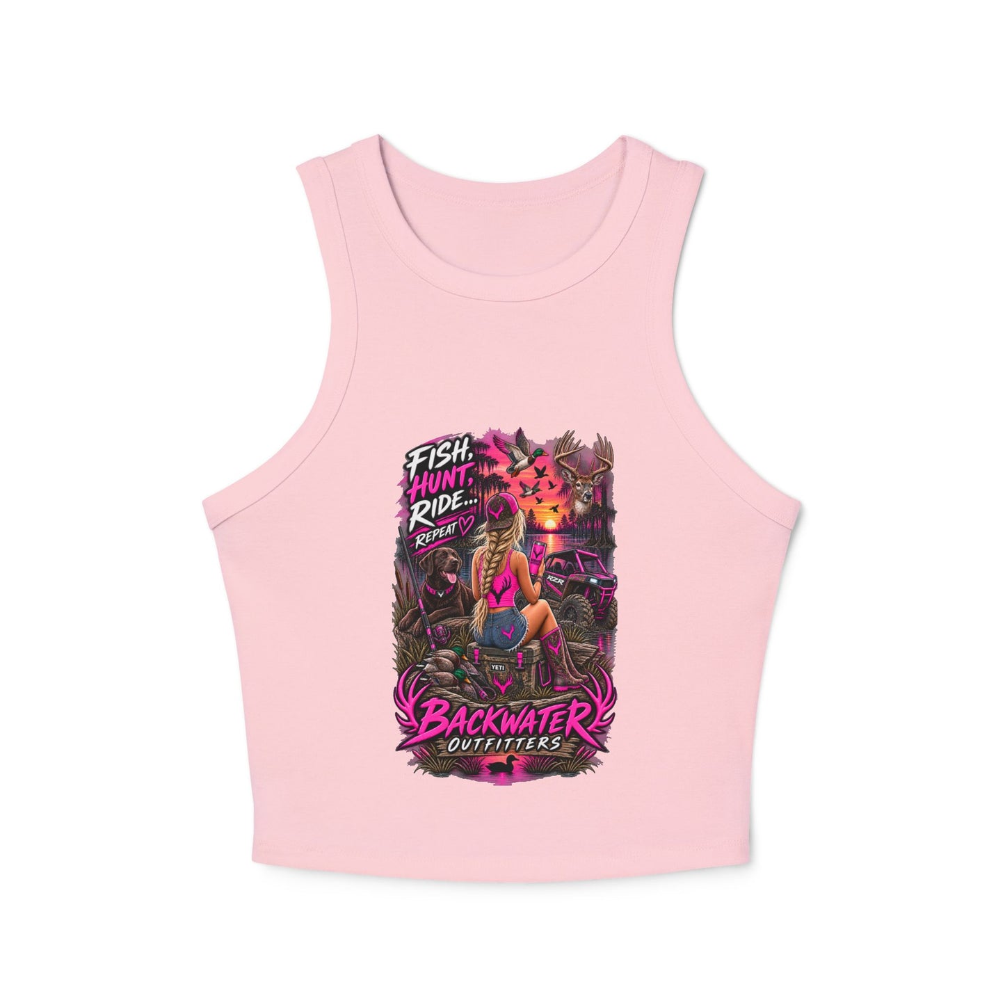 Backwater Outfitters Fish Hunt Ride Tank — Women's Graphic Racer Crop Top