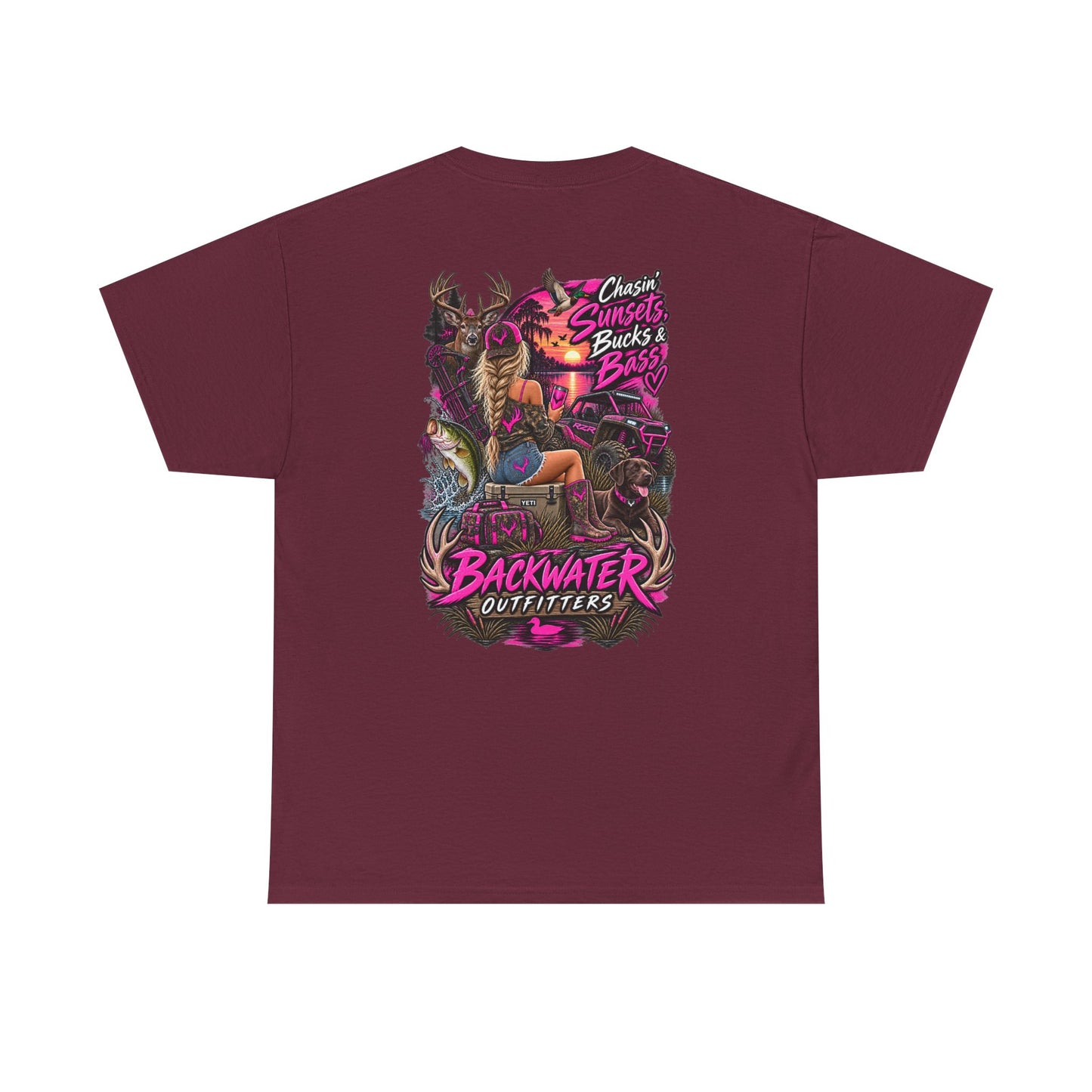 Backwater Outfitters Bass Fishing T‑Shirt — Sunset, Bucks & Bass Graphic Tee