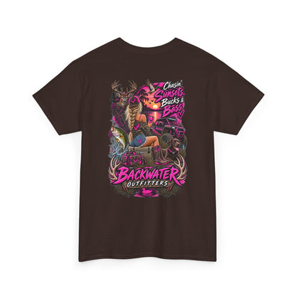 Backwater Outfitters Bass Fishing T‑Shirt — Sunset, Bucks & Bass Graphic Tee