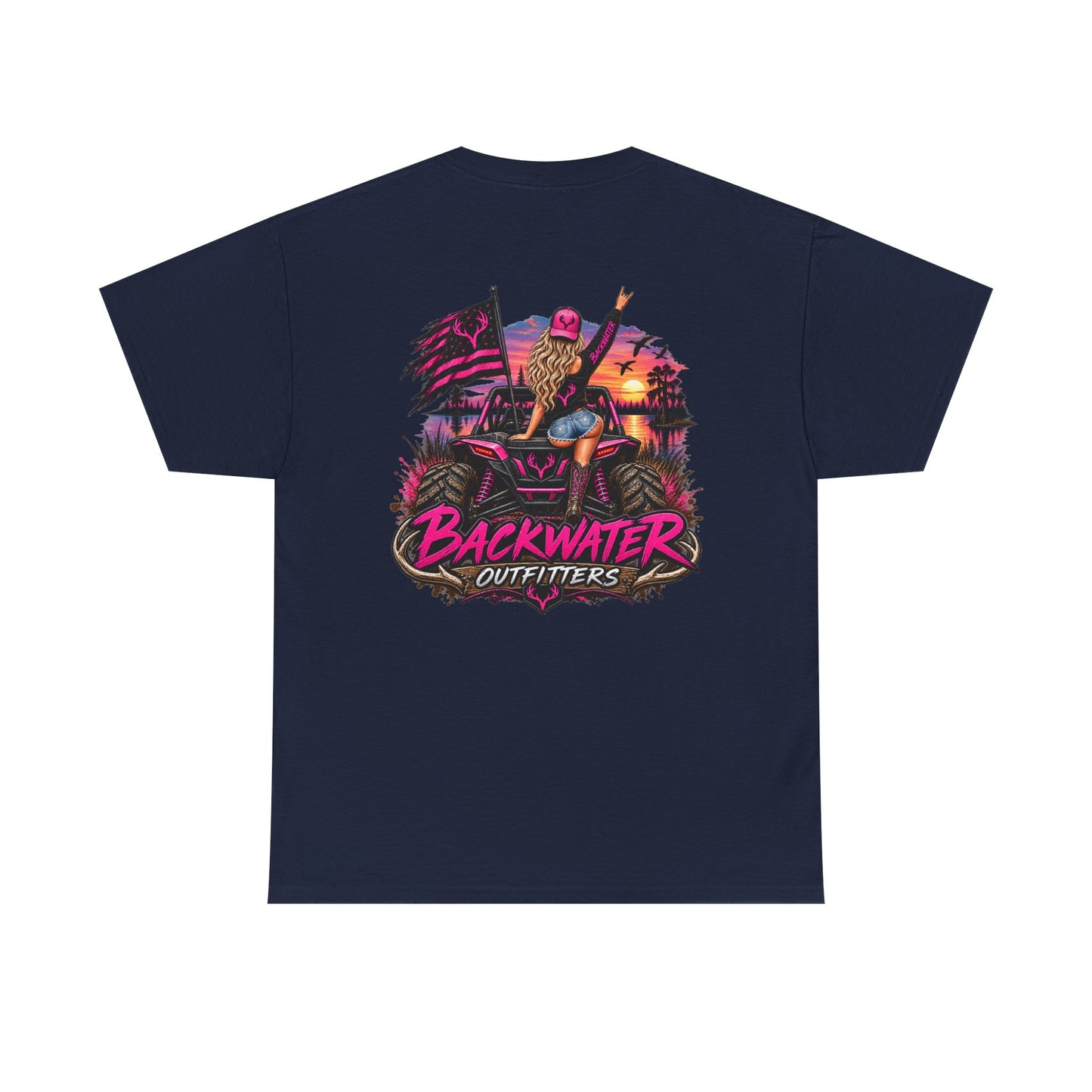 Backwater Outfitters Graphic Tee — Retro Sunset Fishing ATV Shirt