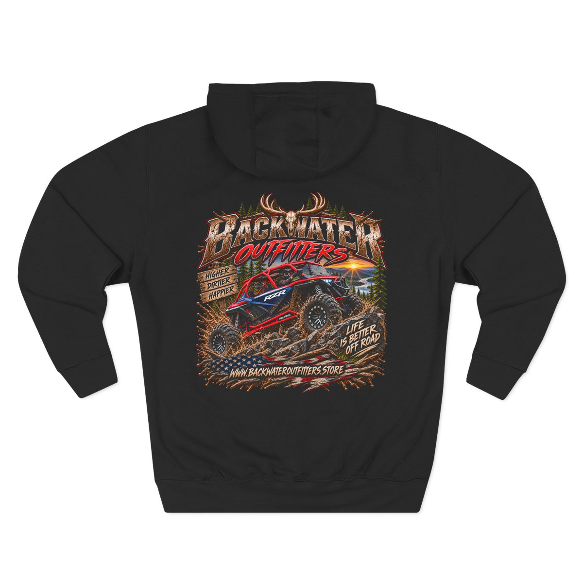 Backwater Outfitters Off-Road Hoodie – American Flag & UTV Graphic Fleece Printify